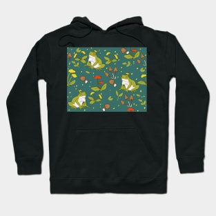 Cottagecore frogs and mushrooms and flowers on peacock green Hoodie